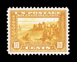 400, 10c Panama-Pacific, orange yellow, a beautiful mint single, featuring intense radiant color and an especially strong impression, impeccably well centered within large
balanced margins, unblemished o.g., n.h., extremely fine an extraordinar