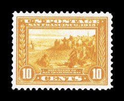 400, 10c Panama-Pacific, orange yellow, exceptionally well centered within large balanced margins, brilliant color on fresh white paper, o.g., n.h., extremely fine 2007 PSE
certificate (XF 90 SMQ $780.00).