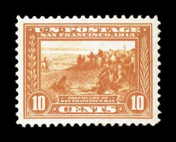 400A, 10c Panama-Pacific, orange, mathematically precise centering within exceedingly large margins, deep vivid color and impression on fresh paper, o.g., relatively lightly
hinged, an extremely fine gem 2006 PSE certificate (Superb 98 SMQ $1,
