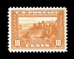 400A, 10c Panama-Pacific, orange, a fabulous quality mint single that is incredibly well centered amid exceedingly large margins, gorgeous rich color and an especially intense
impression on fresh paper, unblemished o.g., n.h., an extremely fine