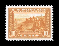 400A, 10c Panama-Pacific, orange, an impressively large-margined mint example, being exceedingly well centered within lavish margins, deep radiant color and a highly detailed
impression, pristine o.g., n.h., extremely fine 2007 PSE certificate