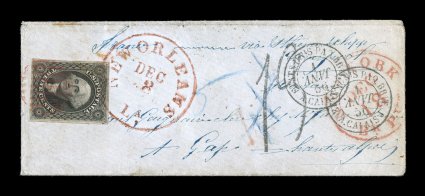 17, 12c Black, single with four full to large margins, deep color and a sharp impression, tied by New Orleans c.d.s. and red grid cancel on small 1856 cover to France, red New
York transit and French receiving markings including 13 due ms. (ap