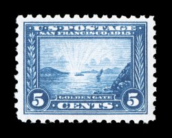 403, 5c Panama-Pacific, perf. 10, well centered within uncommonly large margins, rich color and a crisp detailed impression on brilliantly white paper, o.g., n.h., extremely
fine 2001 PF certificate and a 2006 PSE certificate (VF-XF 85 SMQ $68