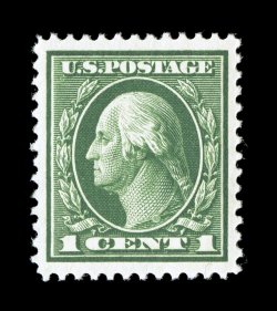 405, 1c Green, beautifully centered within large margins, brilliantly rich color and a well defined impression on fresh paper, o.g., n.h., extremely fine 2002 PF certificate and
a 2006 PSE certificate (XF-Superb 95 SMQ $245.00).