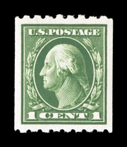 410, 1c Green coil, perf. 8 12 horiz., striking mint single, perfectly centered within extraordinarily large margins, sumptuously rich color and a sharp impression on crisp
white paper, o.g., n.h., extremely fine gem 2005 PF certificate and a
