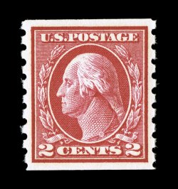 413, 2c Carmine coil, Ty. I, perf. 8 12 vert., choice mint single, excellent centering, deep rich color, o.g., n.h., extremely fine 2002 PSE certificate (XF 90 SMQ $215.00)
ex-Gilbert.