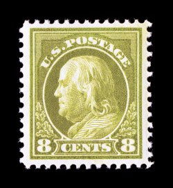 414, 8c Pale olive green, exceedingly well centered within particularly wide margins, rich luxuriant color and a deeply etched impression, o.g., n.h., extremely fine 1993 PF
certificate and a 2007 PSE certificate (XF 90 SMQ $355.00).