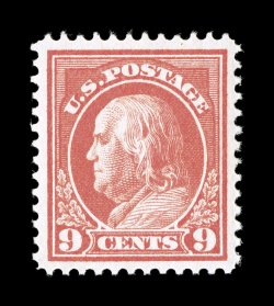 415, 9c Salmon red, an incredibly fresh and choice mint example of this difficult value, with gorgeous bright color and a clean impression on immaculate white paper,
extraordinarily well centered within large margins, pristine o.g., n.h., an ext
