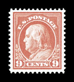 415, 9c Salmon red, very well centered within wide margins, lovely bright color on crisp white paper, unblemished o.g., n.h., extremely fine 2007 PSE certificate (XF 90 SMQ
$425.00).