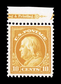 416, 10c Orange yellow, top margin partial imprint single, especially brilliant color and intense impression, wonderfully well centered amid particularly large margins, o.g.,
n.h., extremely fine 2005 PSE certificate (XF 90 SMQ $355.00).