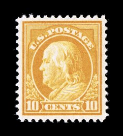 416, 10c Orange yellow, wonderfully well centered within large margins, brilliant color and a strong impression, unblemished o.g., n.h., extremely fine 1986 PF
certificate.