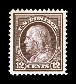 417, 12c Claret brown, excellent centering within unusually wide margins, strong rich color and a crisp detailed impression, o.g., n.h., extremely fine 2006 PSE certificate (XF
90 SMQ $390.00).