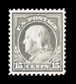 418, 15c Gray, especially well centered and margined, strong rich color and a well defined impression, pristine o.g., n.h., extremely fine 1985 and 2002 PF certificates, as well
as a 2007 PSE certificate (XF 90 SMQ $640.00).