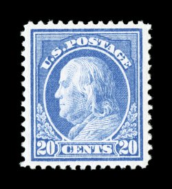 419, 20c Ultramarine, a wonderfully choice mint example, featuring an exceptionally overall brilliance, with dazzling bright color and well incised impression on immaculate
white paper, plus it is extraordinarily well centered within large margi