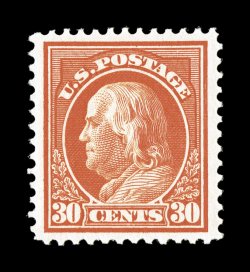 420, 30c Orange red, gorgeous intense color and a well defined impression on clean white paper, exceptionally well centered within particularly wide margins, o.g., n.h.,
extremely fine 2007 PSE certificate (XF 90 SMQ $825.00).