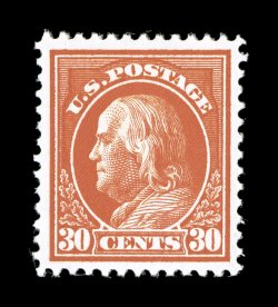 420, 30c Orange red, a highly desirable mint example, featuring eye-arresting intense color and a prooflike impression, exceedingly well centered within large margins, o.g.,
n.h., extremely fine 1999 PF certificate.