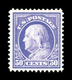 422, 50c Violet, double line watermark, very well centered within uncharacteristically large margins, rich luxuriant color and a deeply etched impression, o.g., n.h., extremely
fine 2000 PF certificate.