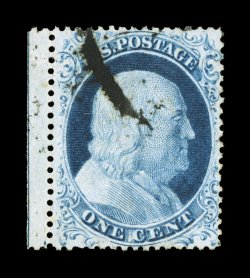 23, 1c Blue, Ty. IV, position 21R1L, a gorgeous used example of this notoriously difficult stamp, being a left sheet-margin single, with the center guide line showing at the edge
of the margin, exceedingly bright and fresh, with rich luxuriant c