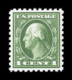 424, 1c Green, perfectly centered within large margins, deep vibrant color and a superbly detailed impression on brilliantly white paper, pristine o.g., n.h., an extremely fine
gem 2006 PSE certificate (Superb 98 SMQ $465.00) one of three exa