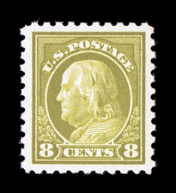 431, 8c Pale olive green, a marvelously choice mint example, possessing lavishly large margins all around and being incredibly well centered within them, brilliantly rich color
and a well defined impression on crisp white paper, flawless o.g., n