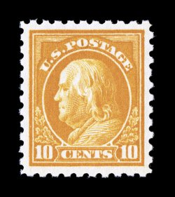 433, 10c Orange yellow, an eye-catching mint single, possessing glorious color that is intensely deep and rich, vivid impression as well, exceedingly well centered within large
margins, o.g., n.h., extremely fine and quite choice 2007 PSE certi