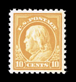 433, 10c Orange yellow, very well centered within exceedingly large margins, bright rich color and a crisp impression, o.g., n.h., extremely fine 1999 PF certificate and a 2007
PSE certificate (XF 90 SMQ $375.00).