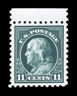 434, 11c Dark green, pristine top sheet-margin single, with deep luxuriant color and a razor-sharp impression on immaculate white paper, exceptionally well centered within
especially wide margins, unblemished o.g., n.h., extremely fine 2007 PSE