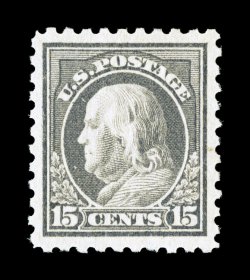 437, 15c Gray, an especially handsome mint example that is extraordinarily well centered within uncharacteristically large margins, rich color on fresh paper, o.g., n.h.,
extremely fine 2007 PSE certificate (XF 90 SMQ $940.00).
