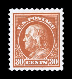 439, 30c Orange red, wonderfully well centered within lavishly large margins, gorgeous vivid color and impression on immaculate white paper, o.g., n.h., extremely fine a
large-margined stamp with great eye appeal 2007 PF certificate (XF 90 SM