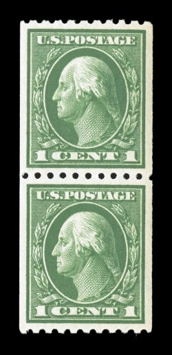 441, 1c Green flat plate coil, perf. 10 horiz., gem mint pair, perfectly centered within large margins, bright and fresh, o.g., n.h., extremely fine 2004 PSE certificate (Superb
98 SMQ $185.00).