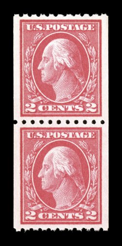 442, 2c Carmine flat plate coil, perf. 10 horiz., a stunning mint pair, being absolutely perfectly centered amid the widest margins possible for a genuine coil, wonderfully
bright rich color and a clean impression on fresh paper, pristine o.g.,