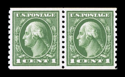 443, 1c Green flat plate coil, perf. 10 vert., mint pair, excellent centering within very large margins, wonderfully bright and fresh, o.g., n.h., extremely fine 2002 PSE
certificate (XF 90 SMQ $315.00).