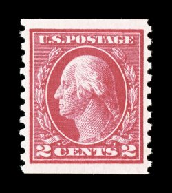 444, 2c Carmine flat plate coil, perf. 10 vert., choice mint single, remarkably well centered within extraordinarily tall margins, rich vibrant color and a strong impression,
immaculate o.g., n.h., extremely fine 1999 PF certificate and a 200