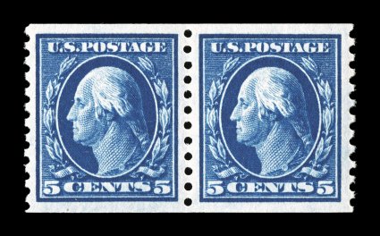 447, 5c Blue flat plate coil, perf. 10 vert., a gorgeous mint pair, featuring eye-arresting prooflike color and impression on immaculate white paper, plus it is remarkably well
centered within enormously large margins for a coil (especially the