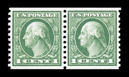 452, 1c Green rotary coil, perf. 10 vert., choice mint pair, extraordinarily well centered within large margins, uncommonly bright and fresh, o.g., n.h., extremely fine gem 2002
PSE certificate (Superb 98 SMQ $500.00).