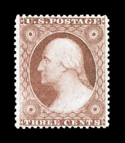 26 var., 3c Claret, Ty. II, a fabulous quality mint example of this scarcer shade variety, being incredibly well centered within much larger margins than typically found, rich
claret color and a clean impression, full o.g., lightly hinged, extre