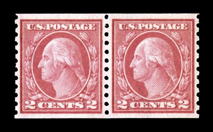 454, 2c Red rotary coil, Ty. II, perf. 10 vert., mint pair, exceedingly well centered and margined, bright radiant color, o.g., n.h., extremely fine 2007 PSE certificate
(XF-Superb 95 SMQ $1,250.00).