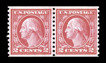 454, 2c Red rotary coil, Ty. II, perf. 10 vert., mint pair, exceptionally well centered and margined, bright color, o.g., n.h., extremely fine 1991 PF certificate and a 2005 PSE
certificate (XF 90 SMQ $630.00).