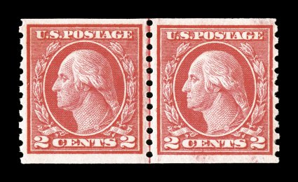 454, 2c Red rotary coil, Ty. II, perf. 10 vert., attractive joint line pair, unusually well centered, bright and fresh, o.g., n.h., choice very fine 1988 and 2000 PF
certificates.