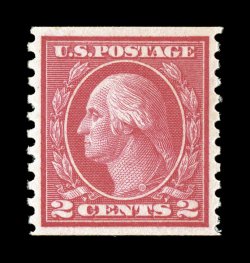 455, 2c Carmine rotary coil, Ty. III, perf. 10 vert., gem mint single, perfectly centered within large margins, intense radiant color and a deeply etched impression, o.g., n.h.,
extremely fine 2007 PSE certificate (Superb 98 SMQ $255.00) on