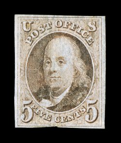 1, 5c Red brown, a rare mint example, full to large margins all around except just touching the frame line at one point at the bottom, attractive color and a fine impression, full
o.g., light horizontal crease at bottom, nearly very fine appeara
