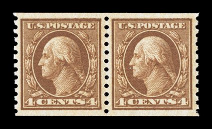 457, 4c Brown rotary coil, perf. 10 vert., gem mint pair, outstanding centering within unusually large margins, rich luxuriant color and a deeply etched impression, o.g., n.h.,
extremely fine 2002 PSE certificate (Superb 98 SMQ $830.00) the