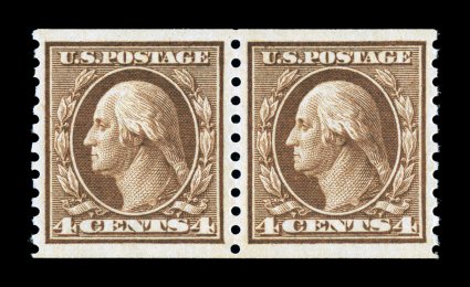 457, 4c Brown rotary coil, perf. 10 vert., mint pair, excellent centering within large margins, strong rich color, o.g., n.h., extremely fine 1997 PF certificate and a 2005 PSE
certificate (XF 90 SMQ $240.00).