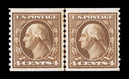 457, 4c Brown rotary coil, perf. 10 vert., joint line pair, exceptional centering, deep rich color, o.g., n.h., extremely fine 2002 PSE certificate.