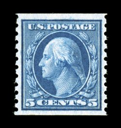 458, 5c Blue rotary coil, perf. 10 vert., large perfectly balanced margins all around, brilliantly fresh and crisp, deep rich color, o.g., n.h., extremely fine gem certified
coil singles are a challenge to find 1996 PF certificate ex-Billin