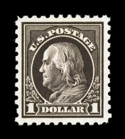 460, $1.00 Violet black, handsome mint example, particularly well centered within large margins, deep luxuriant color and a razor-sharp impression on bright paper, o.g., lightly
hinged, extremely fine 1990 and 2007 PF certificates (latter gradi