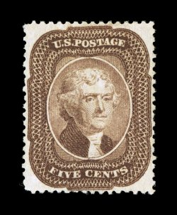 29, 5c Brown, Ty. I, handsome unused example, extraordinarily well centered, with the design clear of the perforations all around, rich luxuriant color and a crisp detailed
impression, extremely fine a terribly difficult stamp to find both unus
