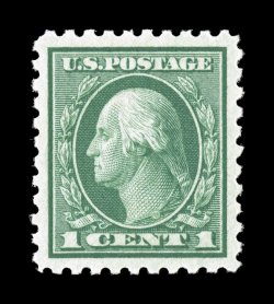 462, 1c Green, a spectacular quality mint single of this relatively common stamp, being remarkably well centered amid uncharacteristically large margins, lovely color that is
especially rich and bright, pristine o.g., n.h., extremely fine gem 2