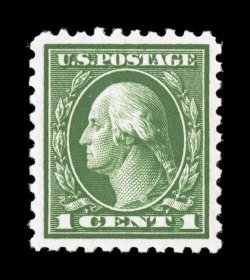 462, 1c Green, marvelously well centered within large balanced margins, lovely rich color and a crisp detailed impression, o.g., n.h., extremely fine 2007 PSE certificate
(XF-Superb 95 SMQ $265.00).