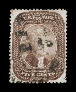 29, 5c Brown, Ty. I, used, exceedingly well centered, with the design completely clear of the perforations, strong rich color, black town cancel and a trace of a red transit
marking at top left, extremely fine 2007 PF certificate (XF 90 SMQ $1